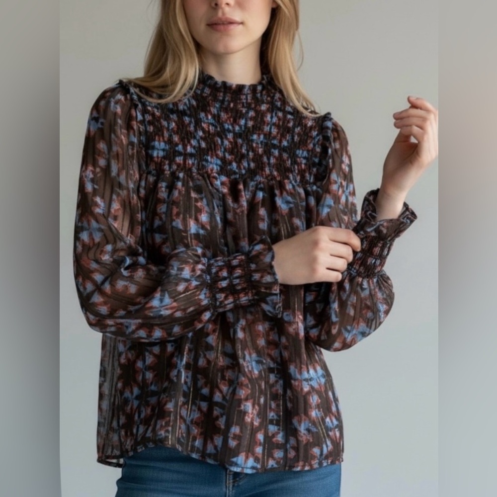 Elan Brown Geo Foil Bell Sleeve Blouse